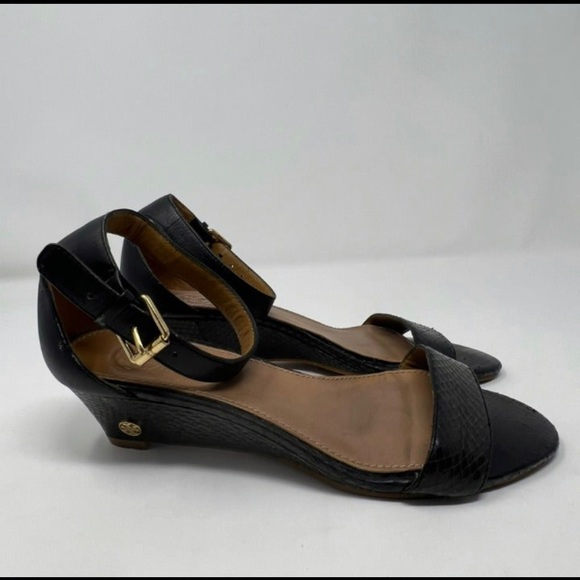 Tory Burch Savannah Wedge Black Gold Sandal Women Size 6 - Picture 4 of 11